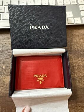 Prada Red Saffiano Italian Leather Card Holder Wallet w COA card